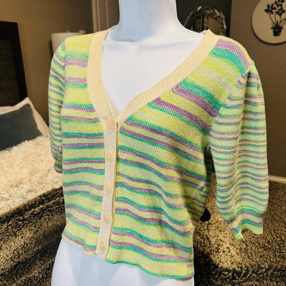 Pastel Yellow Striped V-Neck Button Front Top - Women